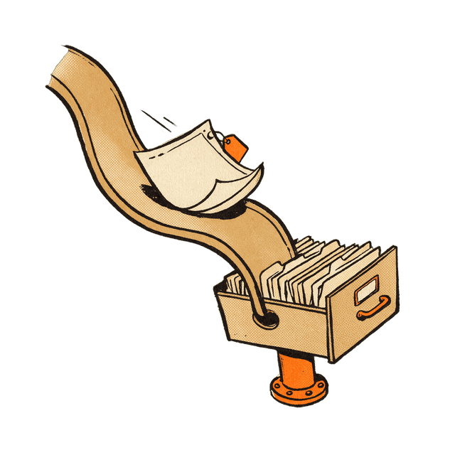 A calendar page with an orange tag sliding down a curved chute into a tan filing drawer mounted on a stub of orange pipe.