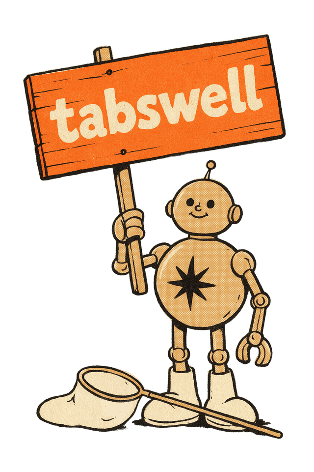A round tan robot with a black eight-point star on its chest holding up a wooden post topped with an orange signboard painted with the word tabswell in cream lowercase letters.