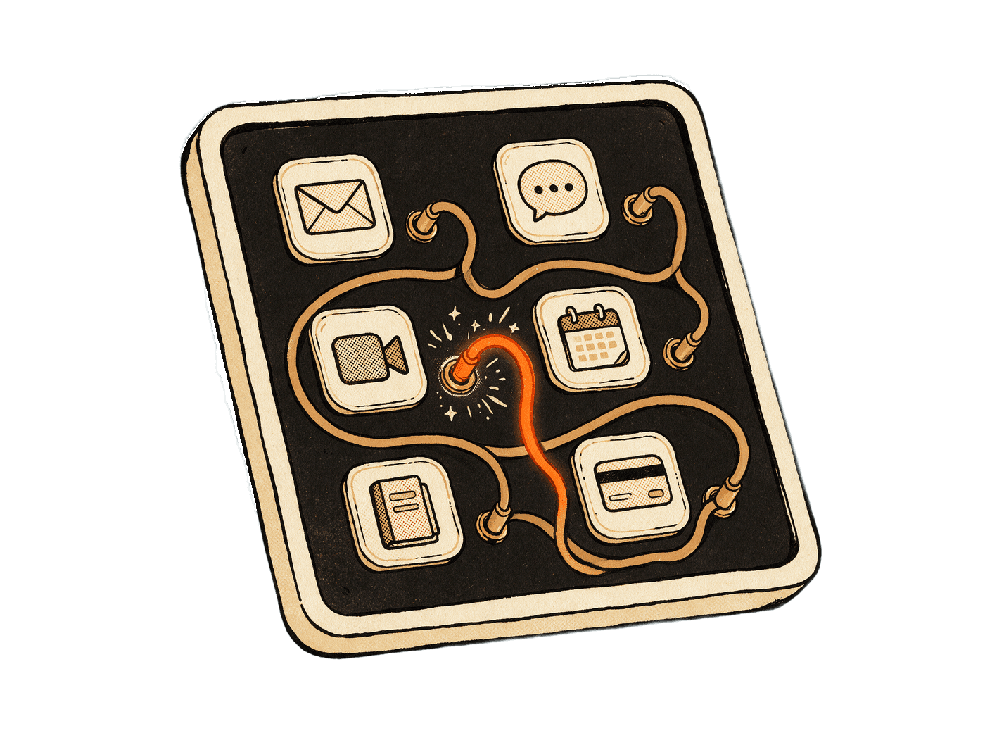 A tilted vintage patch panel of die-cut app-icon stickers with tan cables sagging between its sockets and one glowing orange cable plugged home.