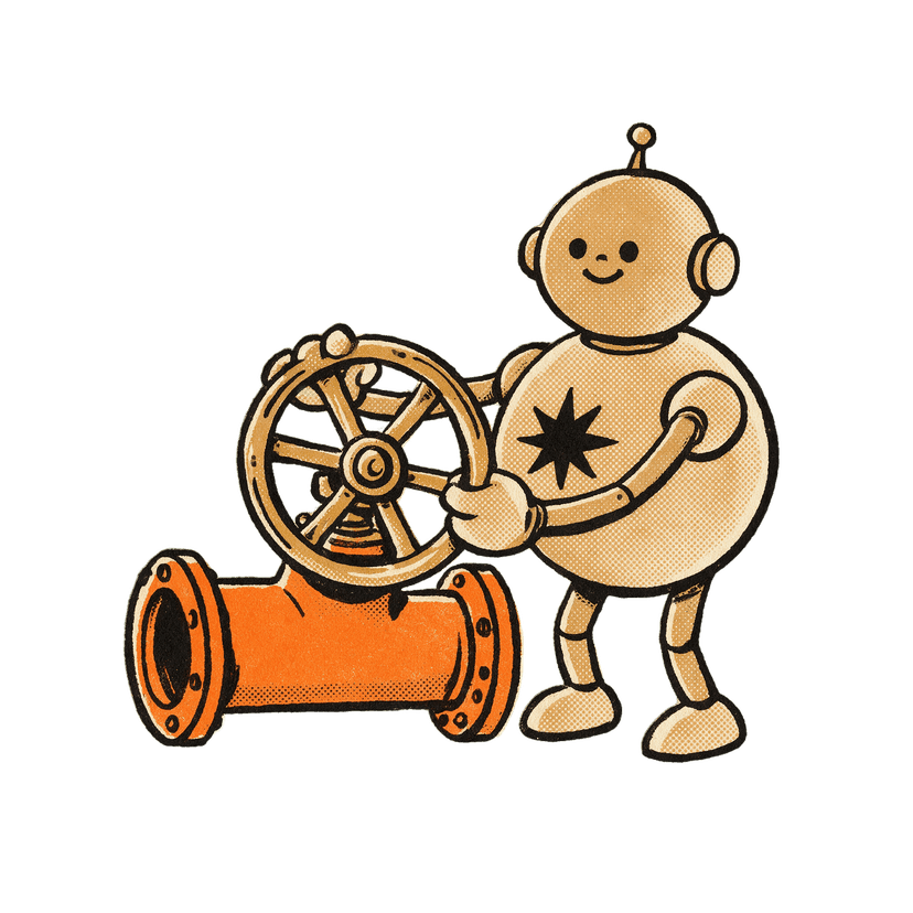 A round tan robot with a black eight-point star on its chest turning a brass valve wheel on a short length of orange pipe.
