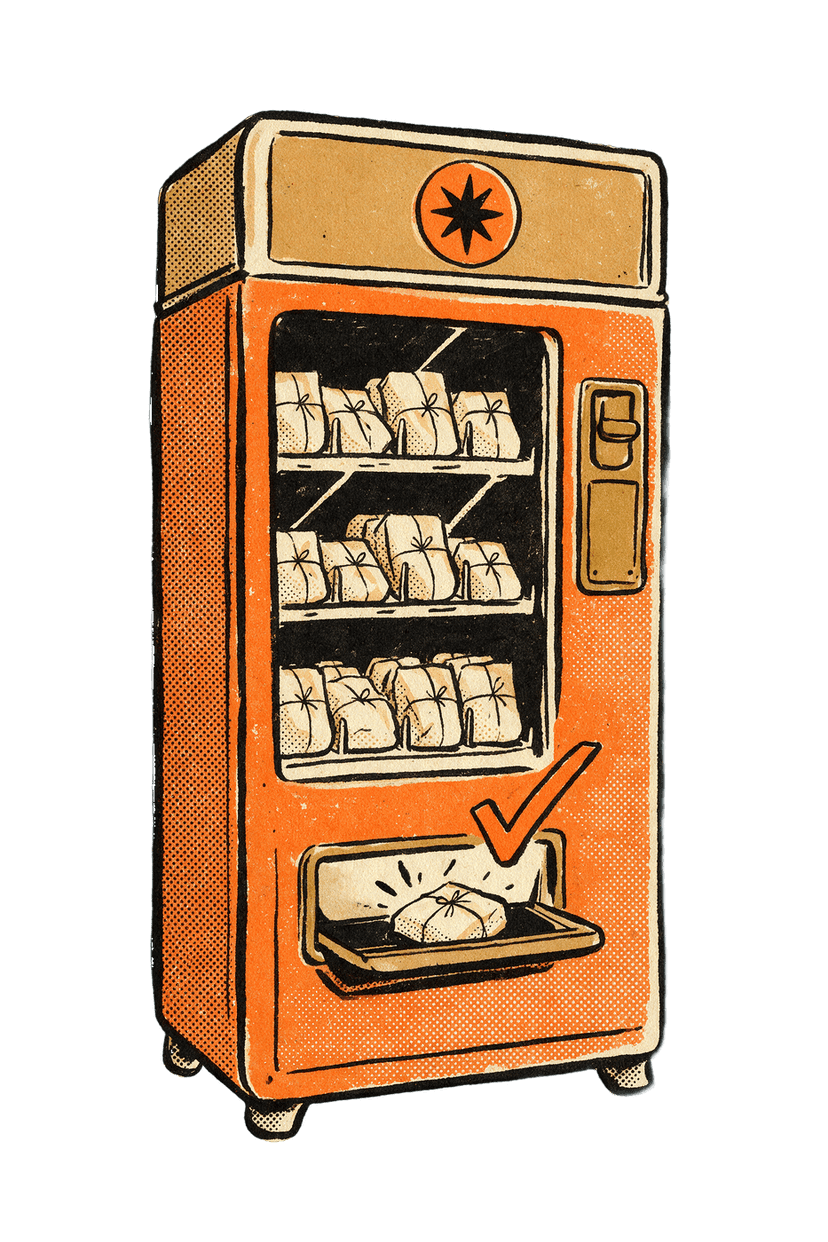 A tall orange vending machine with shelves of identical cream parcels behind its glass and one parcel already delivered into the tray.